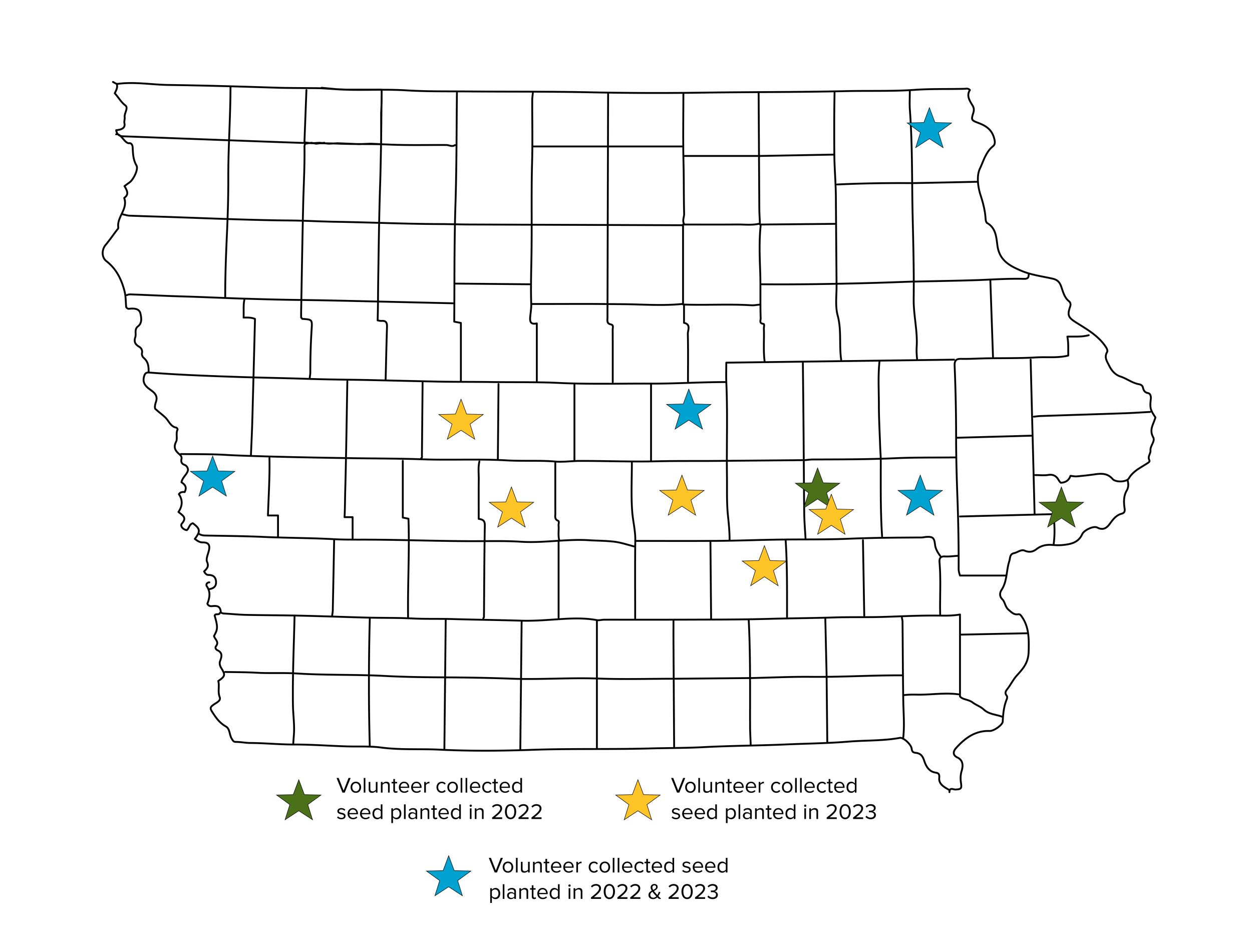 Map showing prairie reconstruction with seed collected by INHF volunteers.